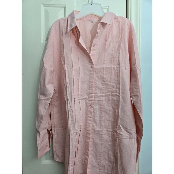 Womens Pink Button-Up Cotton Shirt Dress Lounger Beach cover XL Relaxed Fit - Picture 1 of 7